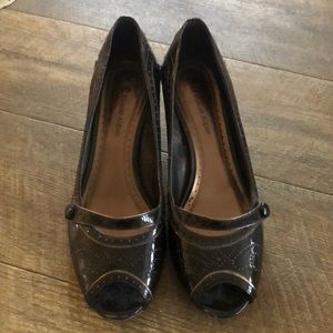 Etienne Aigner brown patent kitten heel pumps